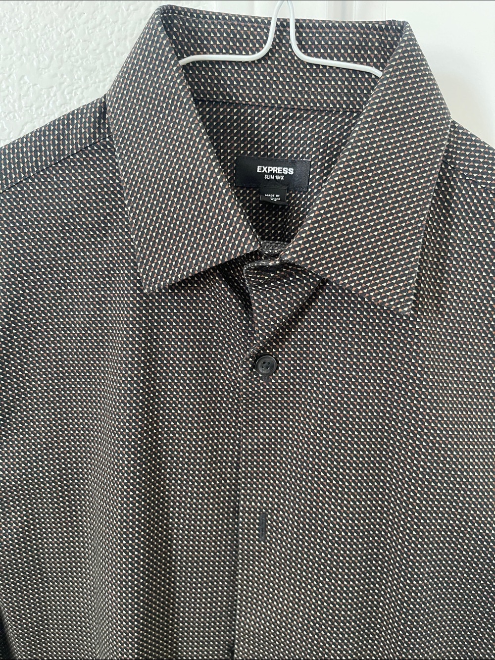 Express Men's Slim Fit Brown Micro-Pattern Dress Shirt
